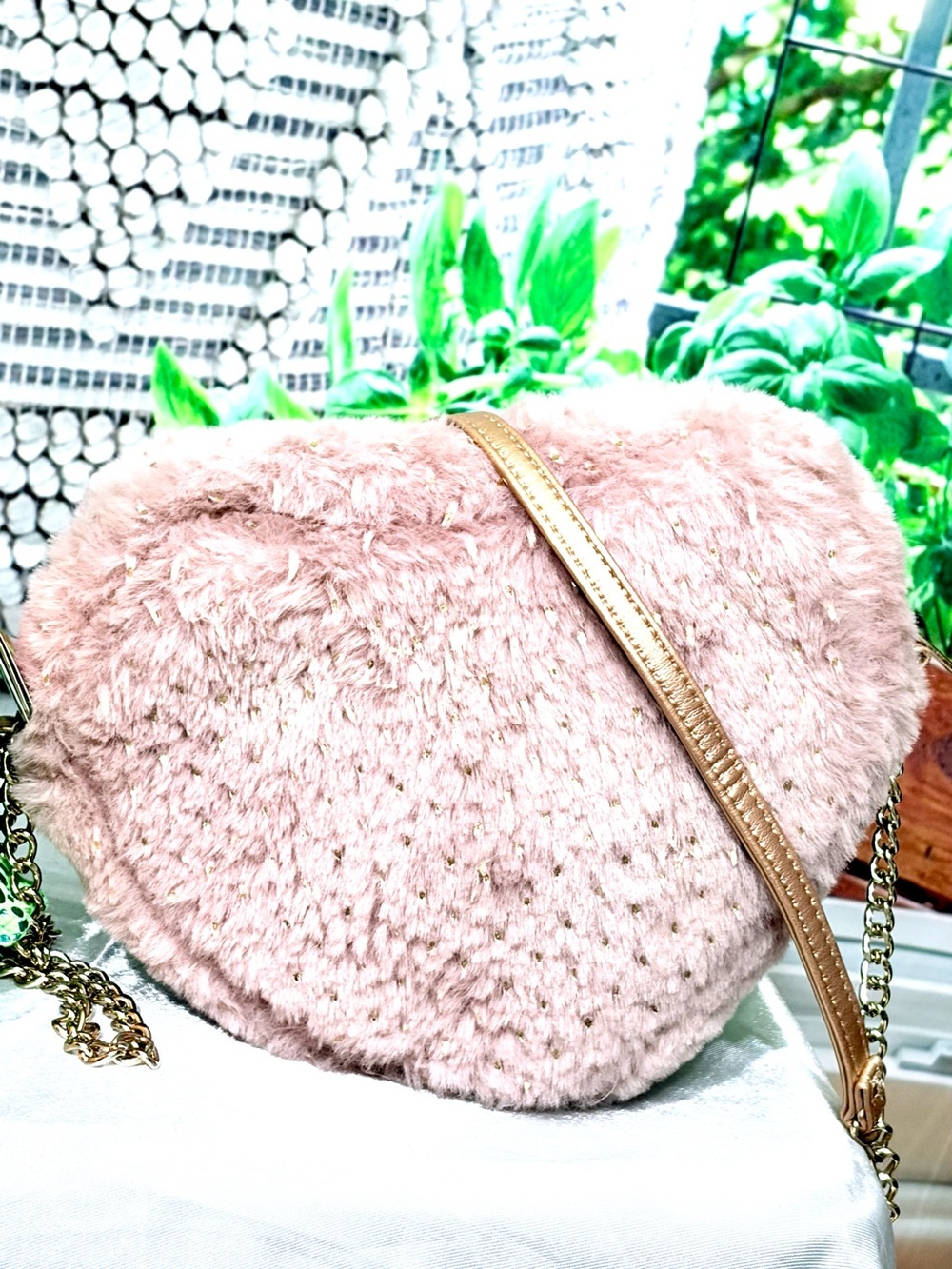 Target Pink Faux-Fur Heart Crossbody with Gold Chain